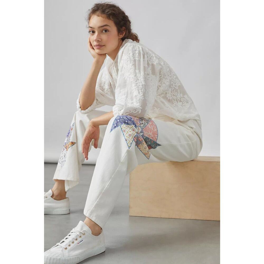 Anthropologie White Straight-Leg Pants with Multicolor Patchwork Accents
